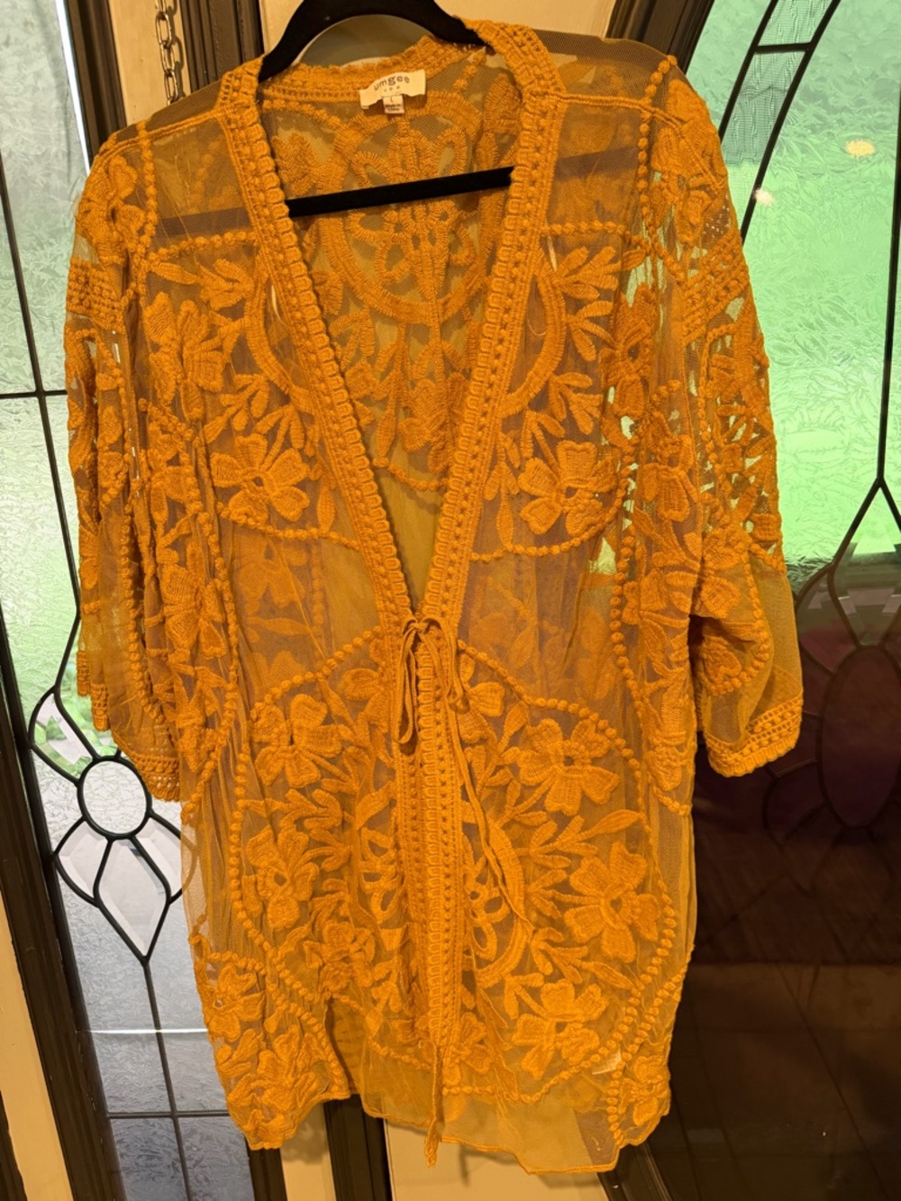 Umgee Mustard Yellow Crochet Lace Open Kimono